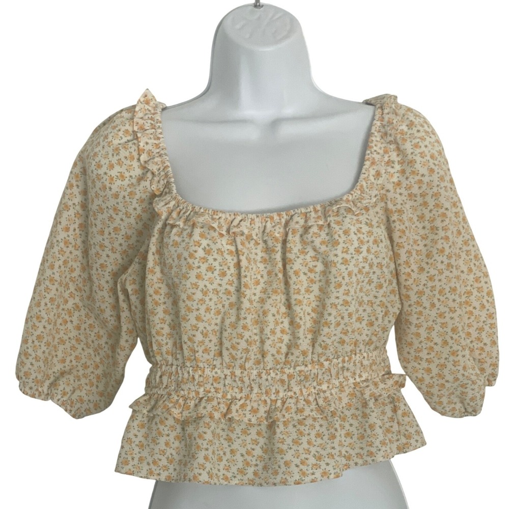 Womens Blouse Floral Smocked‎ Peplum Puff Sleeve S Ivory Yellow Cottagecore
